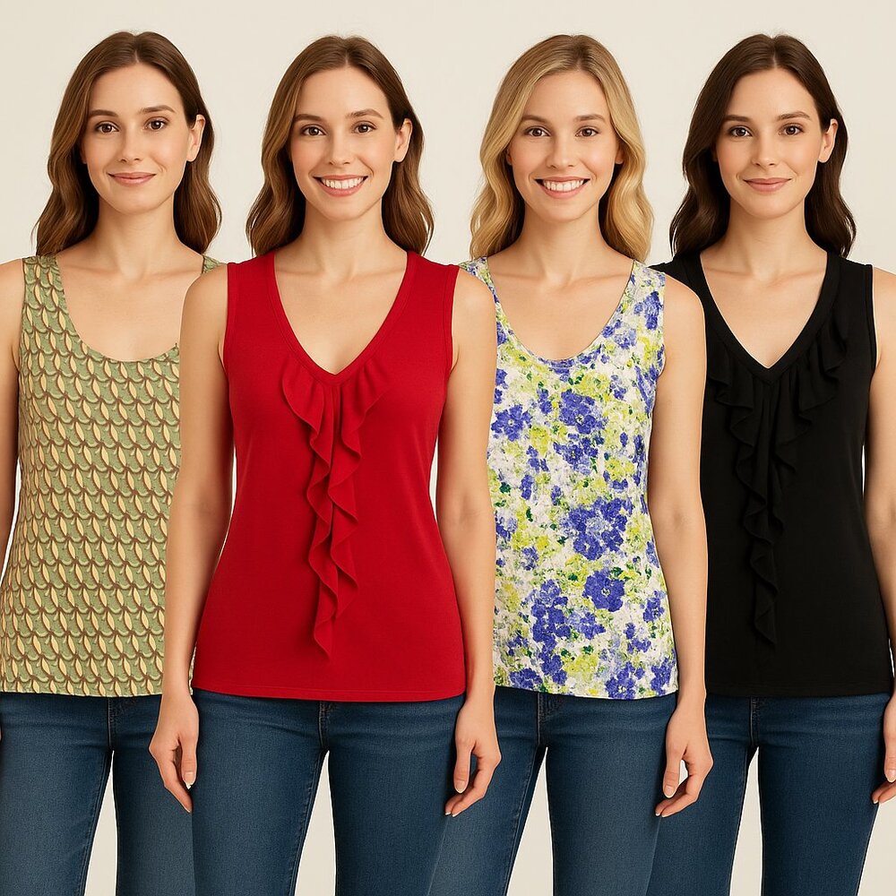 Stylish Sleeveless Tops Bundle – Women’s Ruffle, Floral, Blouses Size Small